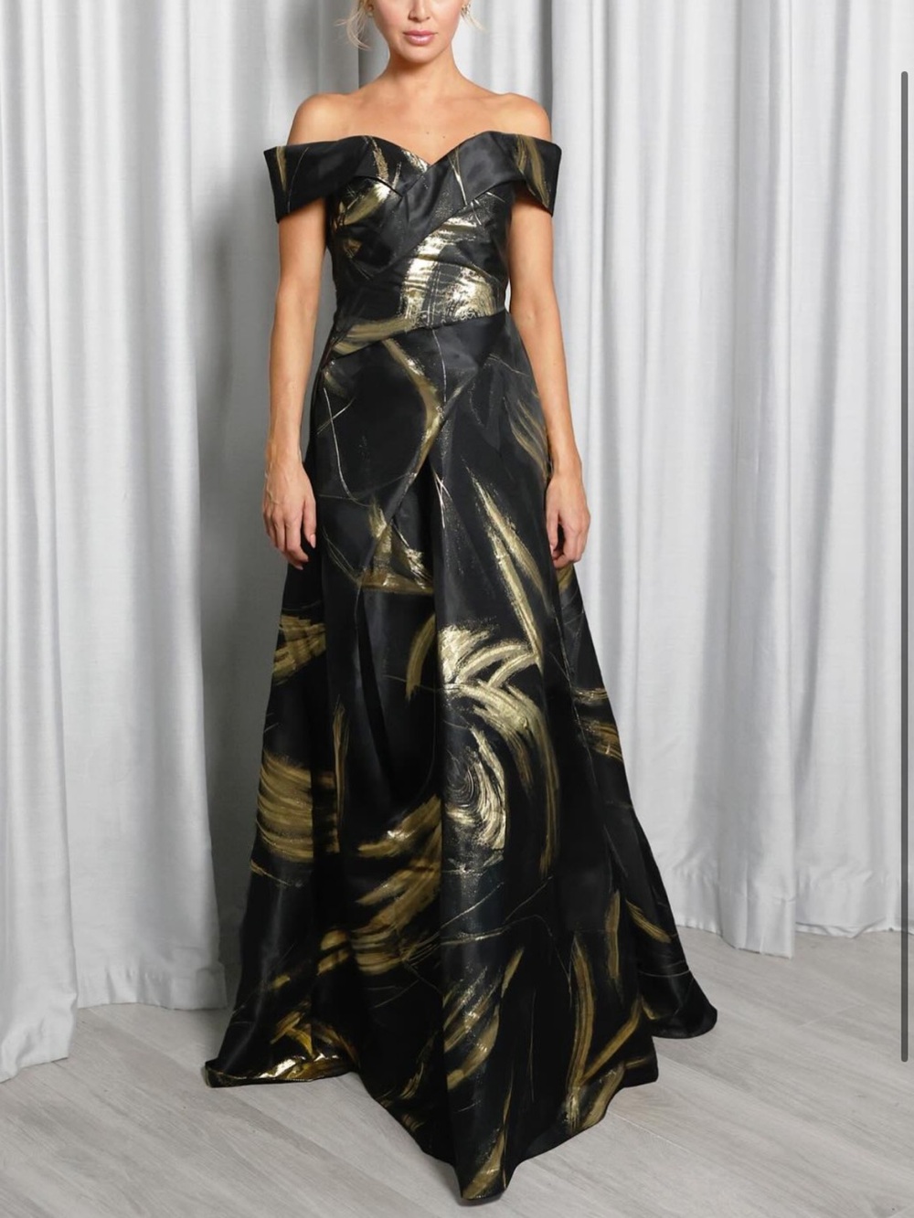 NWT Rene Ruiz Collection Black Gold Brocade Off the Shoulder Gown Size 12 Formal
